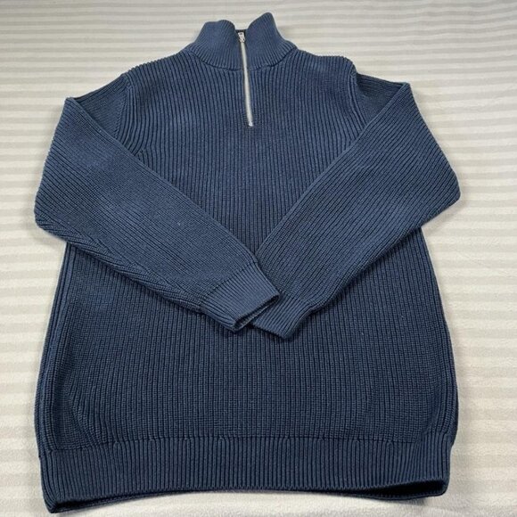 Zara Sweater Mens Medium Blue Knit Mock Neck Pullover 1/4 Zip Cotton Turkey - Picture 1 of 7